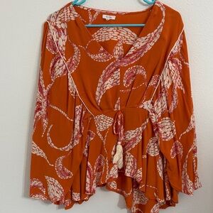 Maurices Rust Orange Printed Tassel Tie Peplum Top